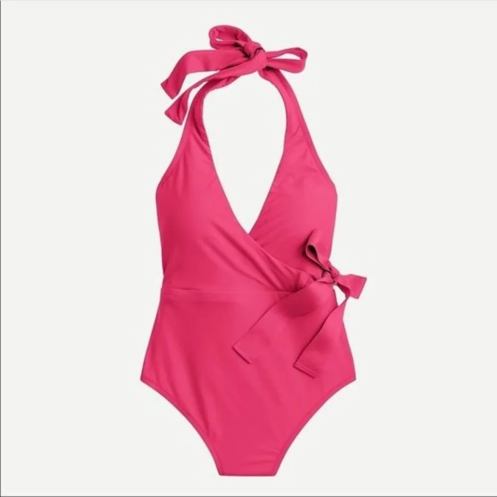 J. Crew Halter Wrap One-piece Swimsuit, Fuchsia Bloom NWT